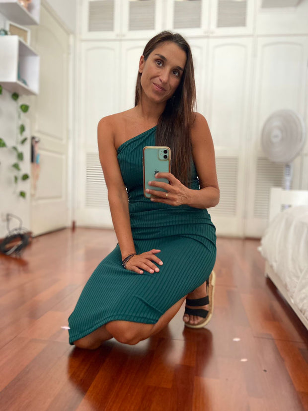 Vestido Un Hombro Corto Verde Botella