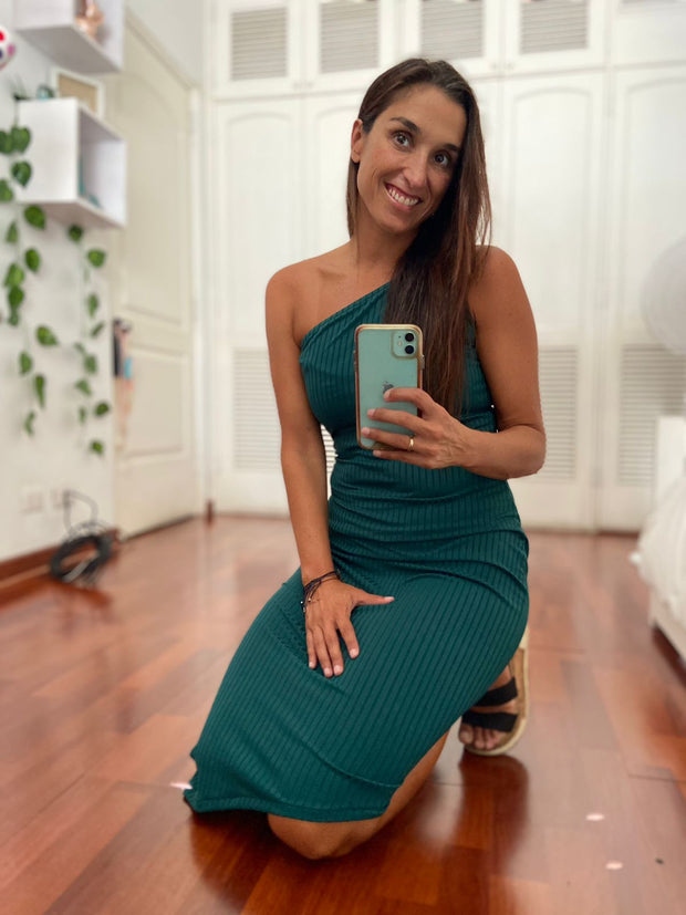 Vestido Un Hombro Corto Verde Botella