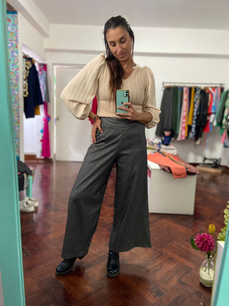 Pantalón Palazo C/Bolsillos Plata Brillos Stock