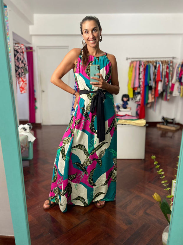 Vestido Maxi Pita Hojas Fucsia y Jade