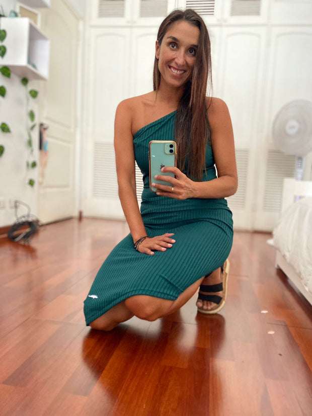 Vestido Un Hombro Corto Verde Botella