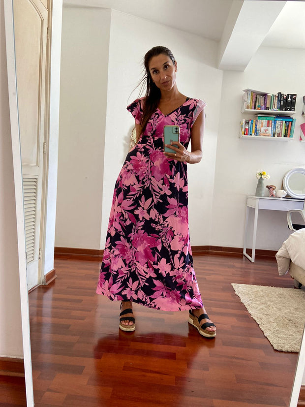 Vestido Maxi Cruzado Negro Palmas Rosa