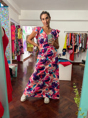 Vestido Maxi Cruzado Blanco Palmas Morado y Fucsia Stock