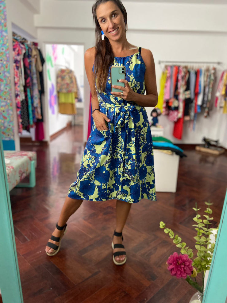 Vestido Pita Colita Amarillo Flores Azules Stock