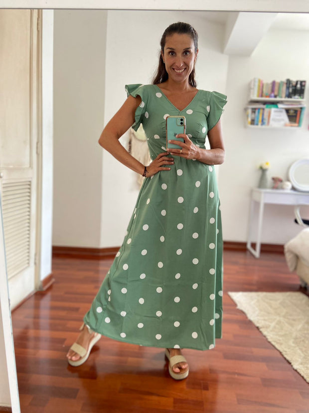 Vestido Maxi Cruzado Verde Dots