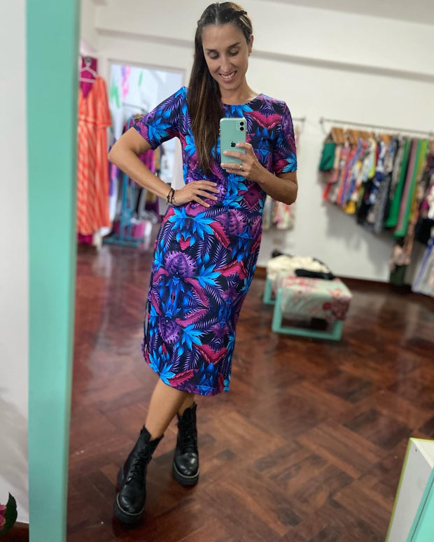 Vestido Midi T Shirt Flores Fucsia y Azul