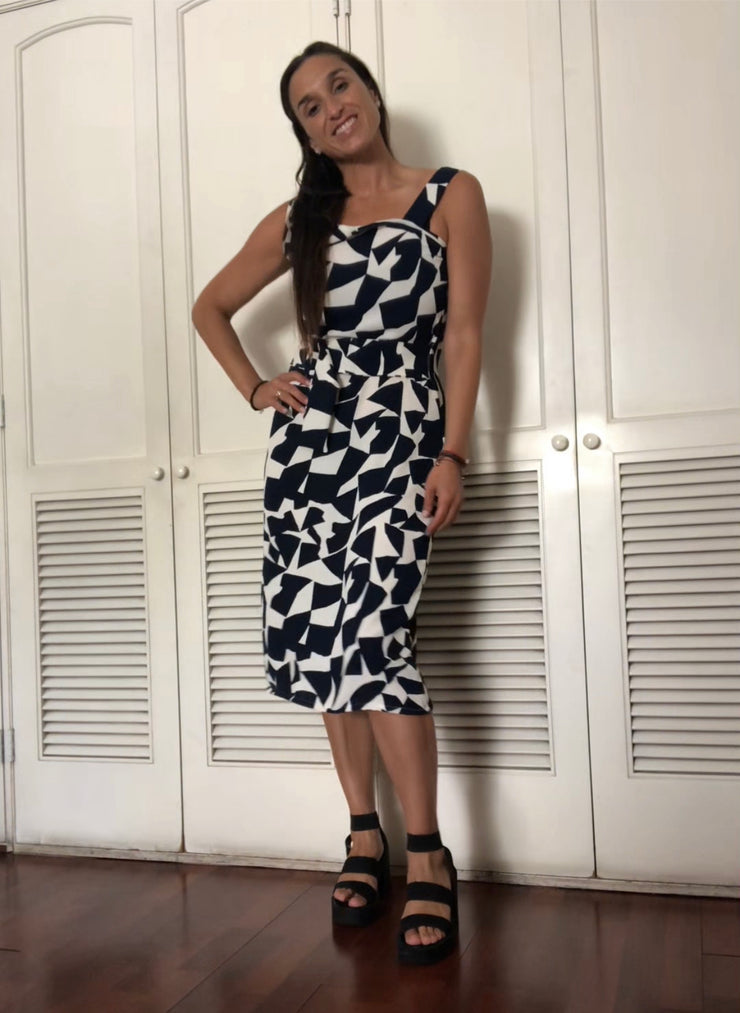 Vestido Un Hombro Rombos Azul y Blanco