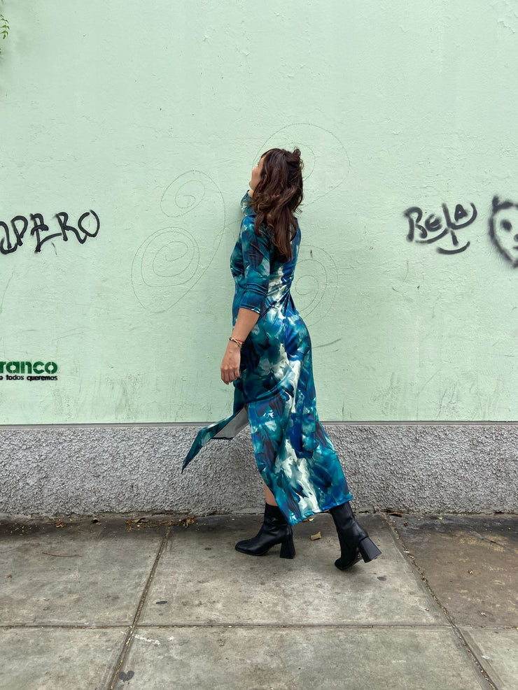 Vestido Largo Turquesa Flores