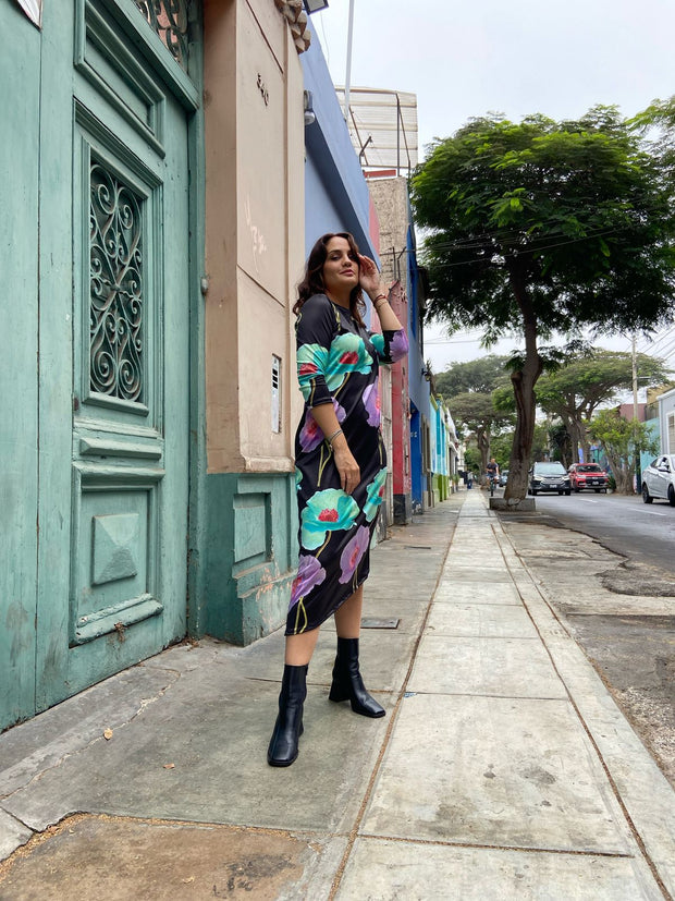 Vestido Largo Negro Flores