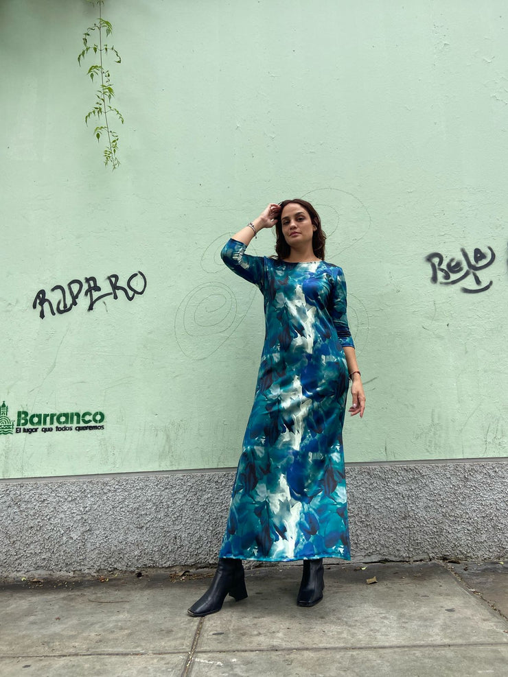 Vestido Largo Turquesa Flores