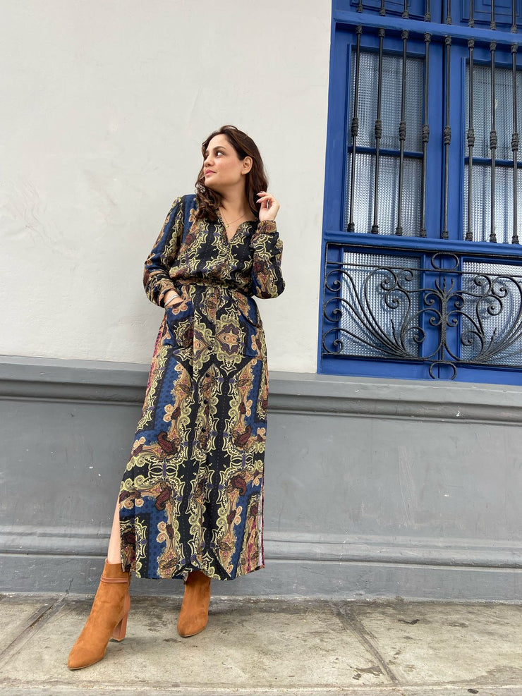 Vestido Largo Bohemio Negro/Azul