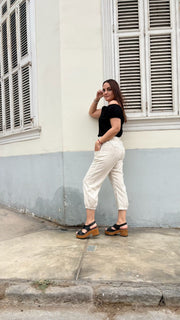 pantalon Aladino Lino Crema y Negro