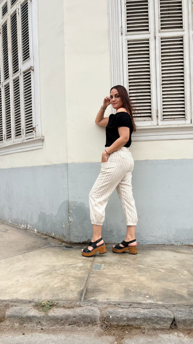 pantalon Aladino Lino Crema y Negro