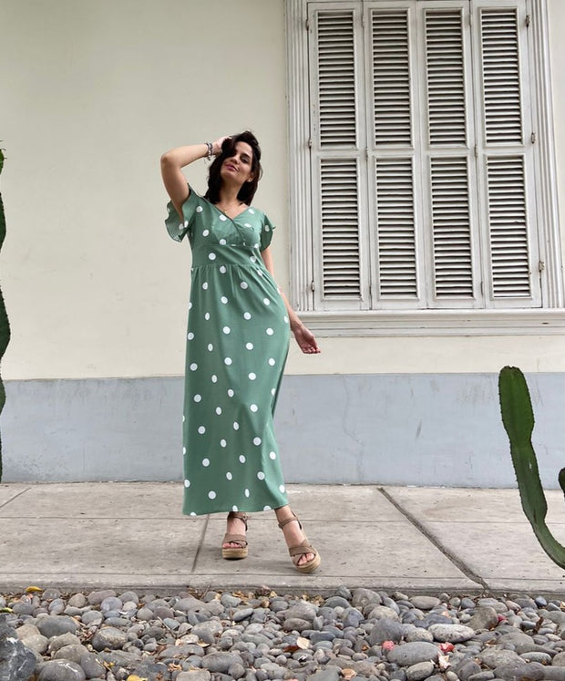 Vestido Maxi Cruzado Verde Dots