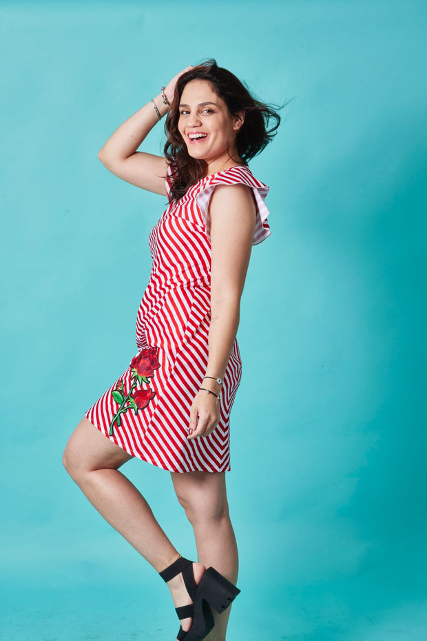 Vestido Volante rojo rayas y flores