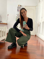 Pantalón Palazo Con Bolsillos Verde Militar Stock