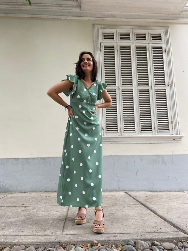 Vestido Maxi Cruzado Verde Dots