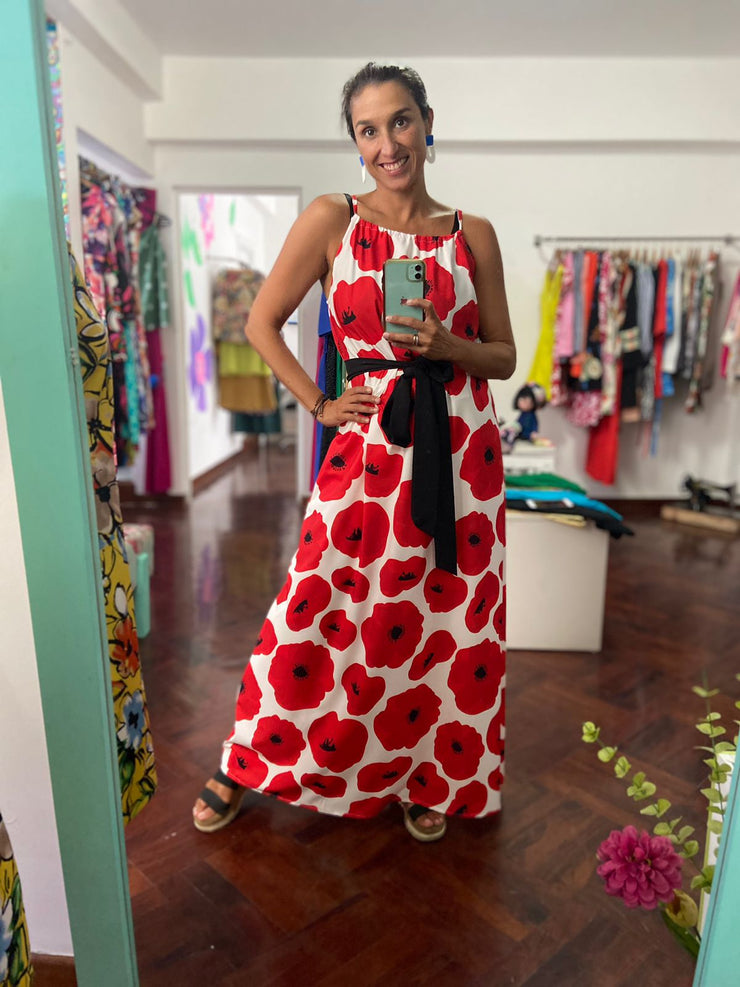 Vestido Maxi Pita Blanco Flores Rojas Stock