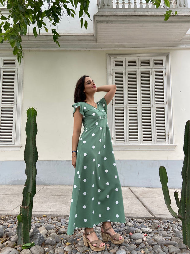 Vestido Maxi Cruzado Verde Dots