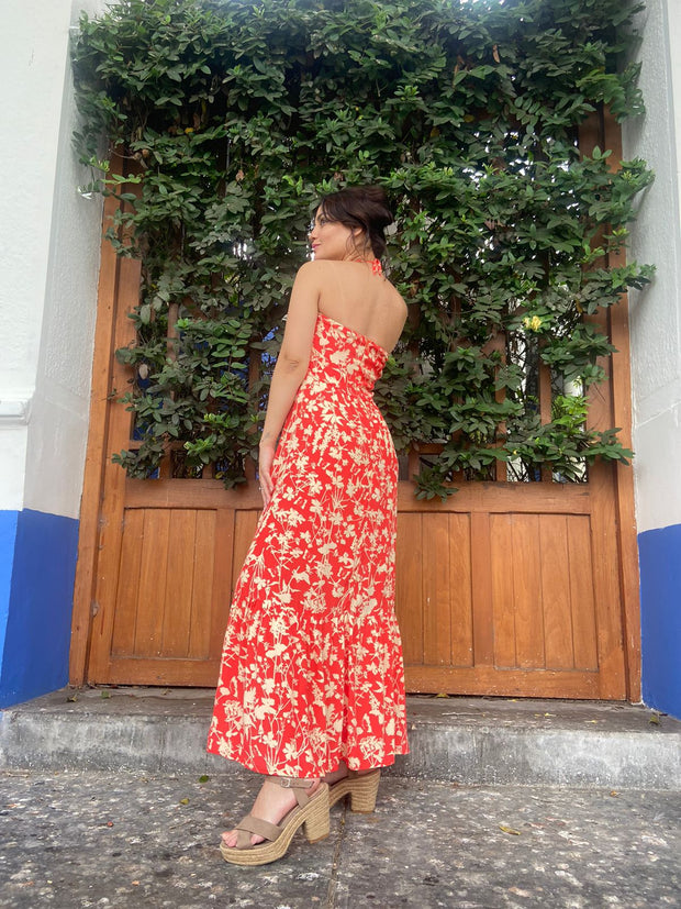Vestido Halter Naranja Floral