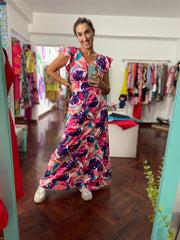 Vestido Maxi Cruzado Blanco Palmas Morado y Fucsia Stock