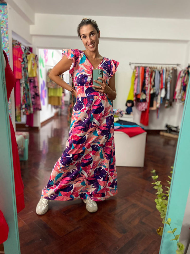 Vestido Maxi Cruzado Blanco Palmas Morado y Fucsia Stock