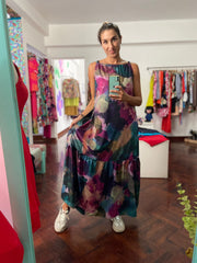 Vestido Maxi Relax Pita Morado y Verde Stock