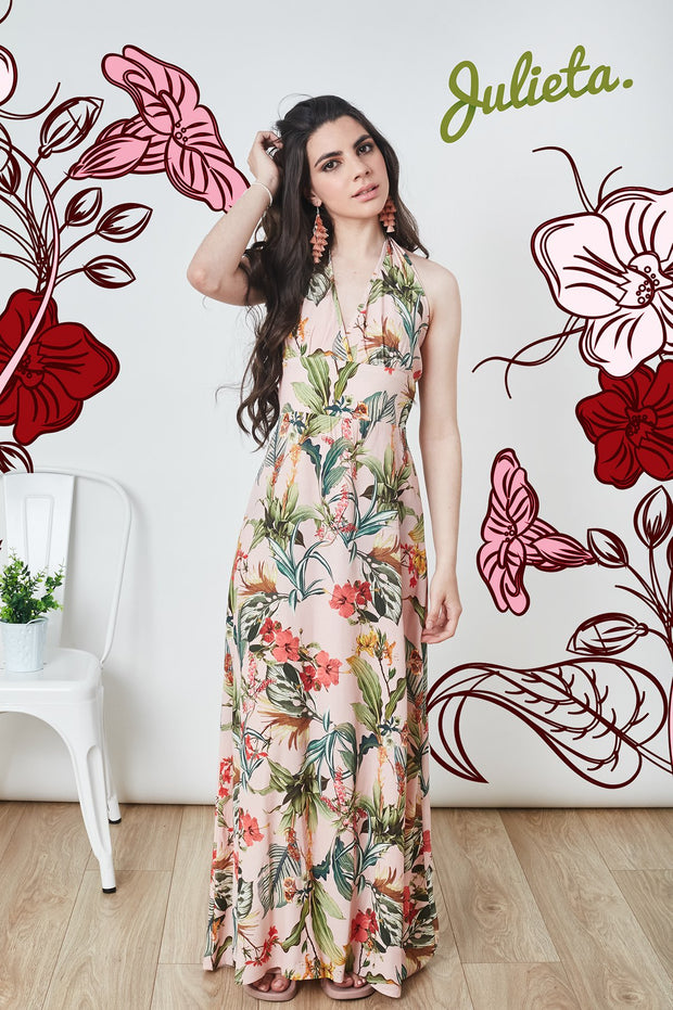 Maxi cruzado halter palo rosa floral