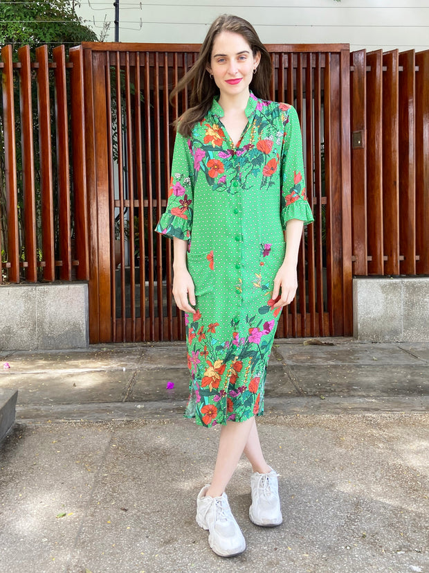 Vestido Midi Camisero Nerú Verde Floral